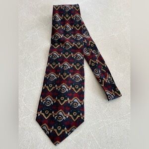 XMI 100% Silk Hand Finished Made in the USA  Patterned Red Blue Gold Tie
